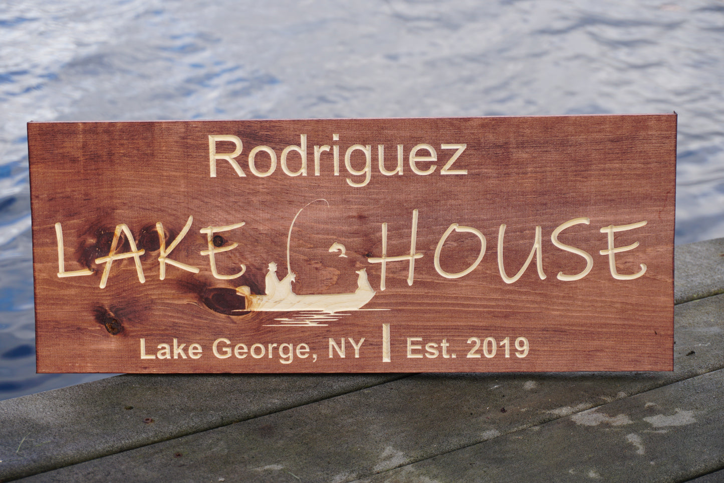 Custom Name and Lake Sign with Fisherman