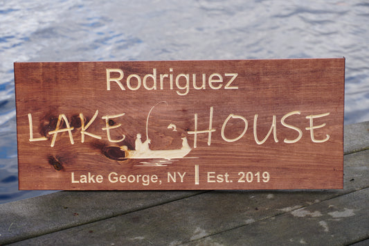 Custom Name and Lake Sign with Fisherman