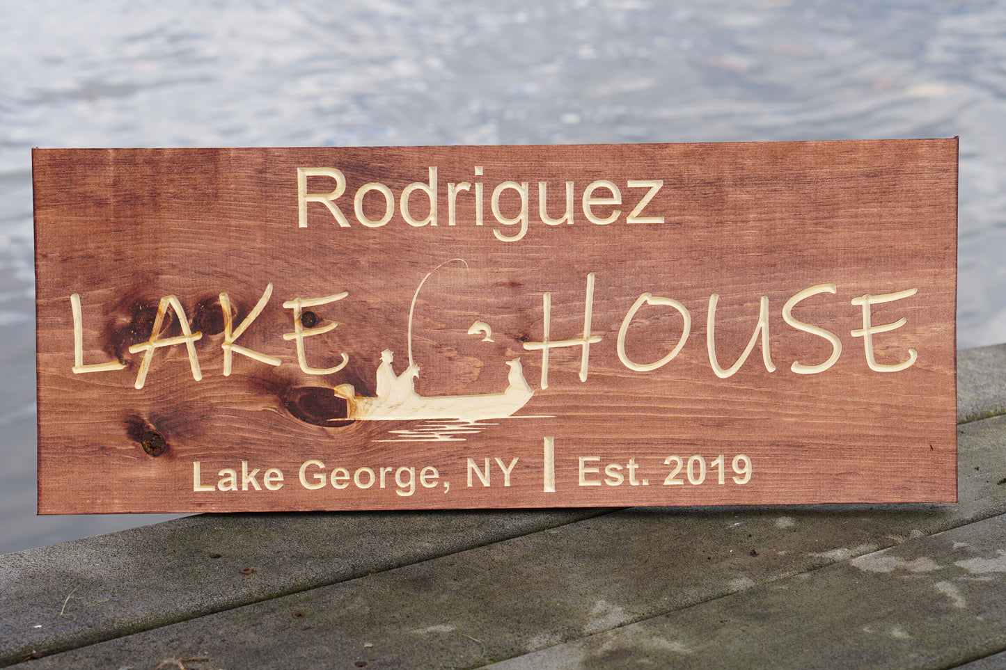 Custom Name and Lake Sign with Fisherman